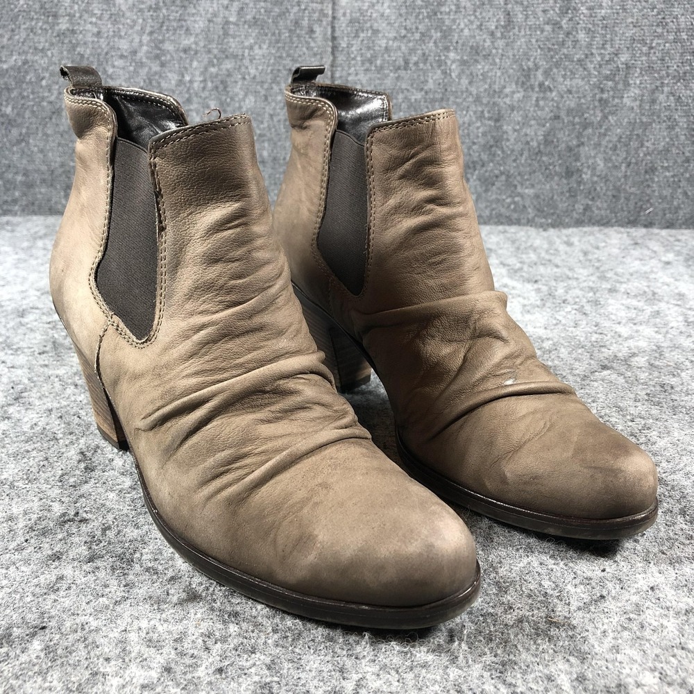 Paul Green Boots Womens Size 7.5 Taupe Leather Chelsea Ankle Ruched Heel 37108